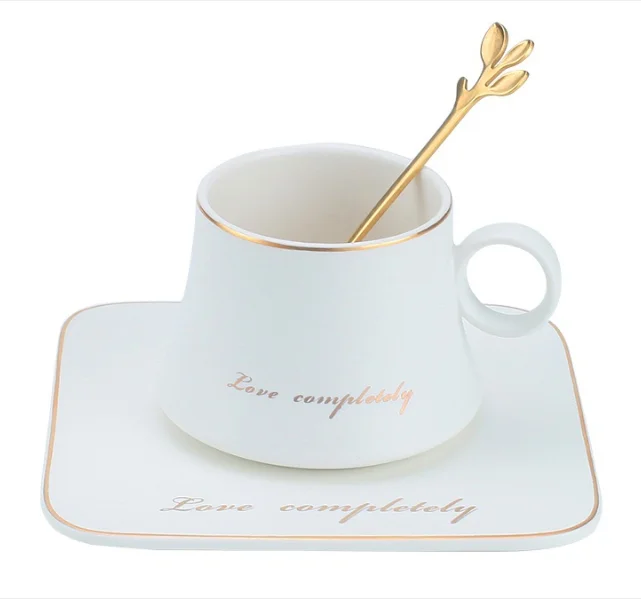 

gold porcelain milk office coffee espresso cup dish and mugs coffee set with ring handle, Bone china cup