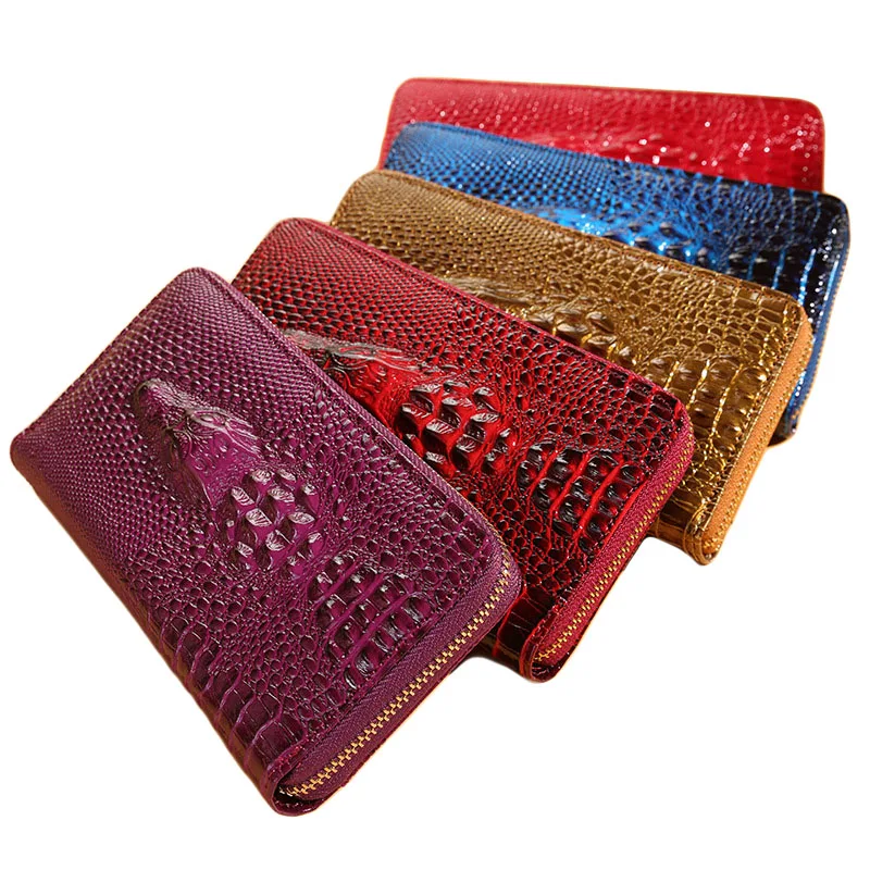 

Single Pull Crocodile Head Long PU Zipper Bag Ladies Large Capacity Mobile Phone Clutch Purse Card Holder Wallet