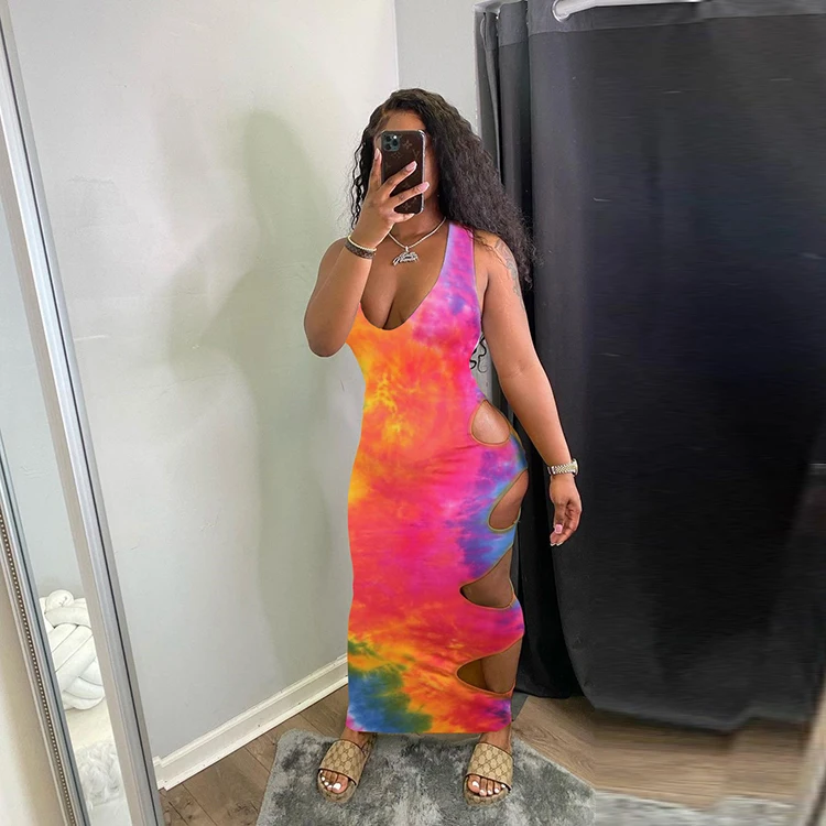 

Summer Wear Women Clothing Alluring Tie Dye Hollow Out Maxi Dresses Sexy Bodycon Dress -ZR, Pink,yellow,orange,light blue,purple