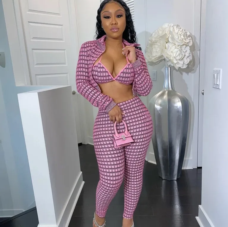 

Summer Y2K Clothing Sexy Ladies Plaid Skinny Chic Set With Bikini Top Bra Crop Coat For Women Outfit 3 Three Piece Pants Sets, Pink,blue