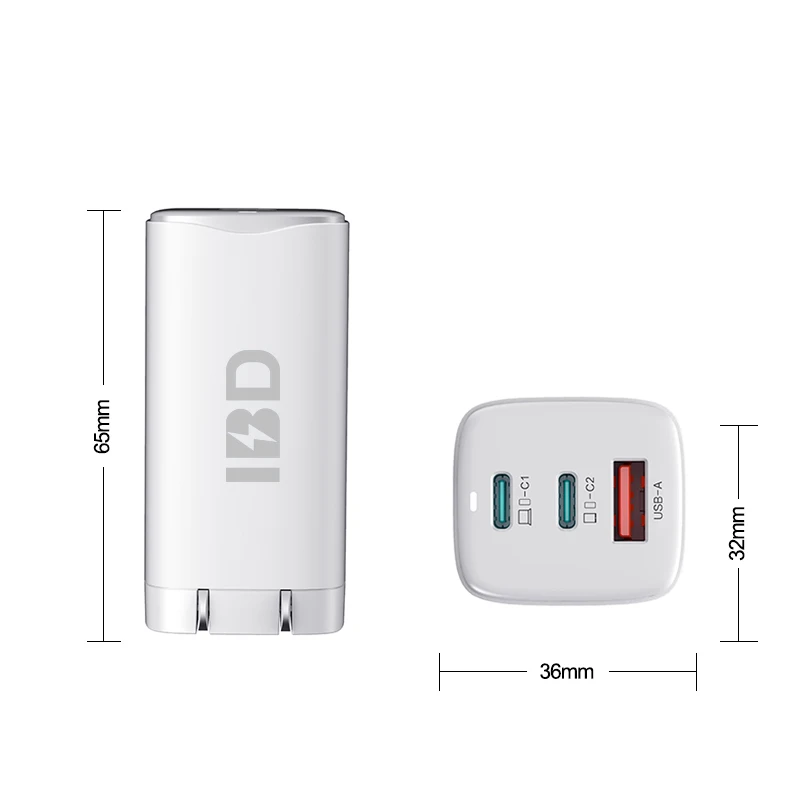 

IBD Newest Factory Direct Sale 65w GaN Wall Mobile Usb Dual Port Charger Fast Charge Mobile Phone usb-c PD 3.0, Black and white