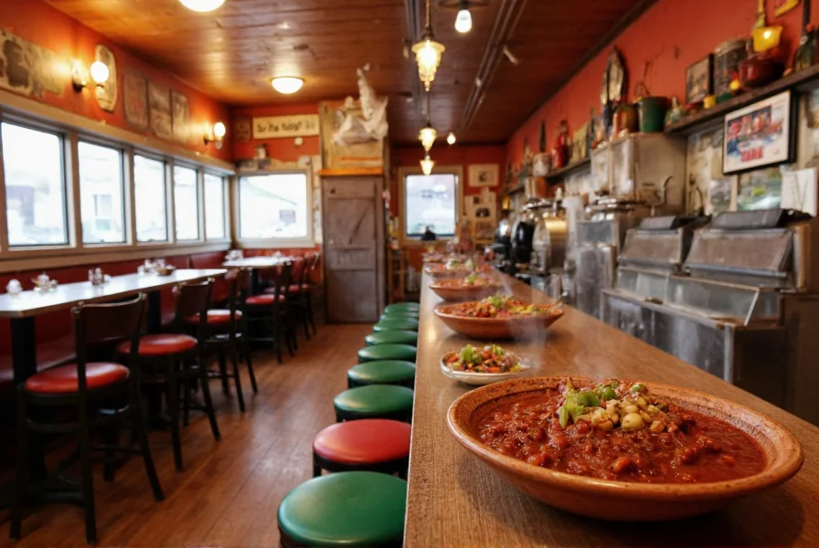 Traditional chili parlor interior showing counter seating, vintage decor, and bowls of steaming chili
