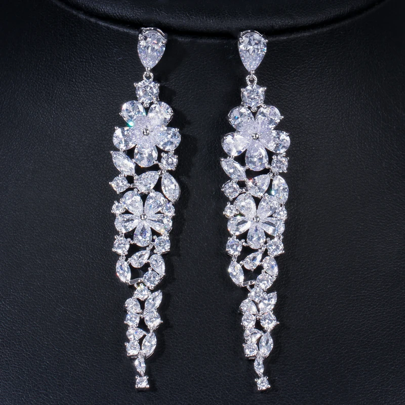 Sparkling White Cubic Zirconia Stones Paved Silver Color Bridal Wedding Long Earring for Women Party Jewelry Accessories