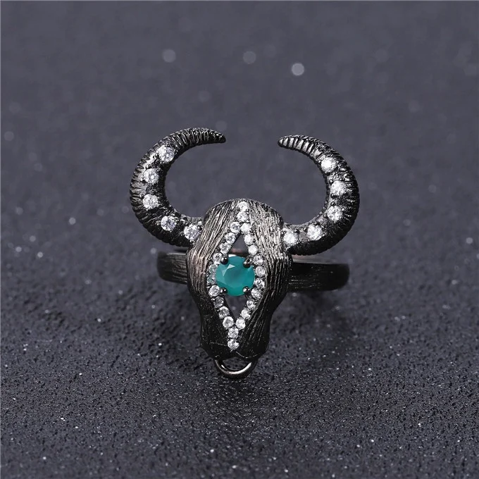 

Abiding Natural Green Agate 925 Sterling Silver Ring Handmade Bull Head Rings Women Fine Jewelry
