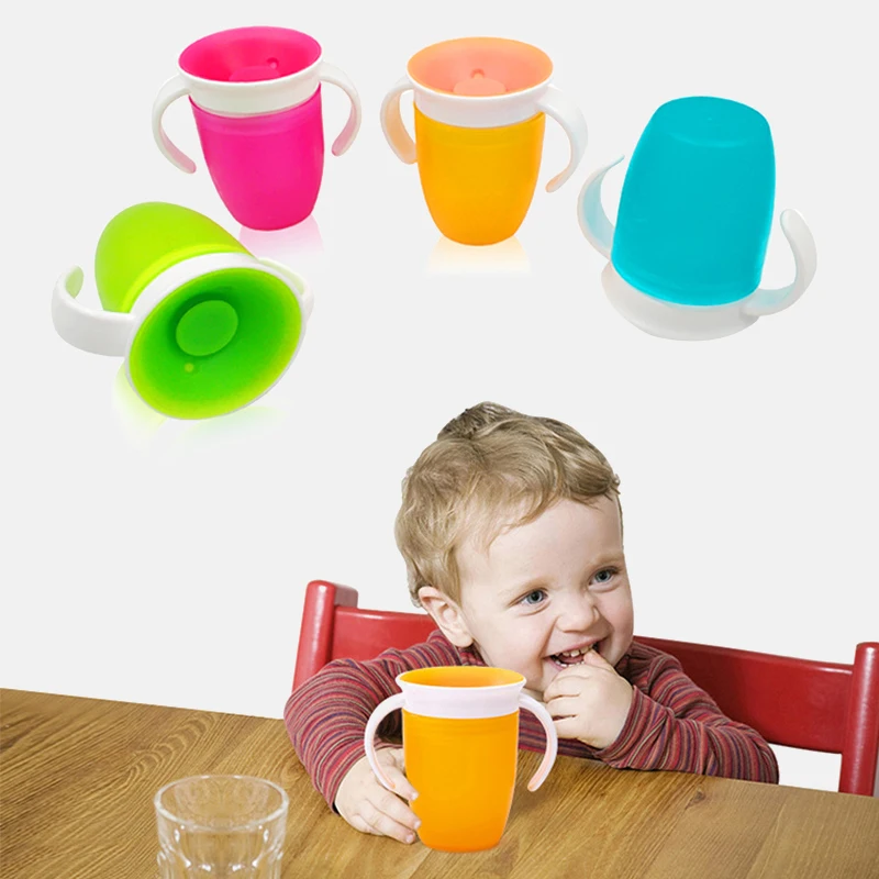 

360 Degrees Leakproof Magic Kids Water Feeding Bottle Rotated Baby Learning Drinking plastic Cup with Double Handle Flip Lid, As photo