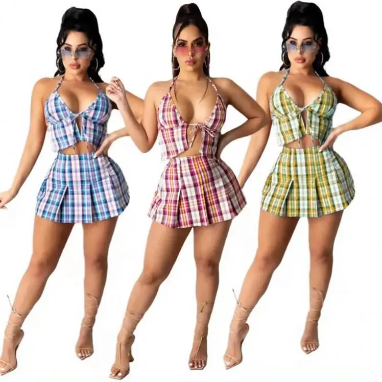 

MOEN Good Price Plaid Summer Insiemi delle donne Girls Fashionable Outfits Woman 2 Piece Sets Woman Two Piece Skirt sets