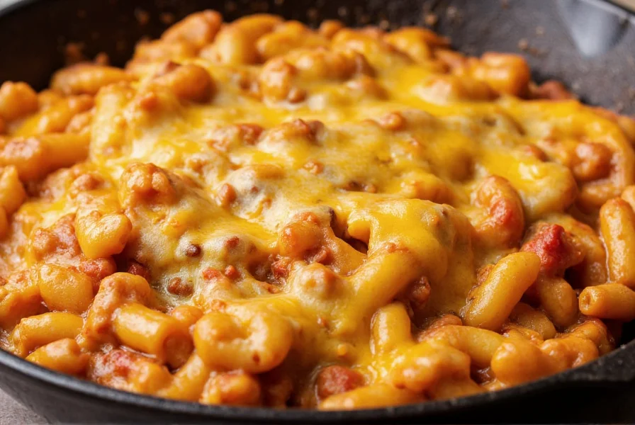 Close-up of chili macaroni with melted cheese topping in a cast iron skillet