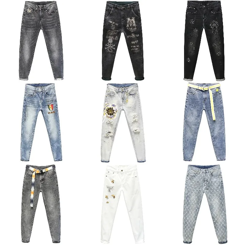 

Black Denim Men's Jeans Ripped Distressed Stylish Plus Size Slim Oem Service Mid Pencil Pants Spandex / Cotton Zipper Fly