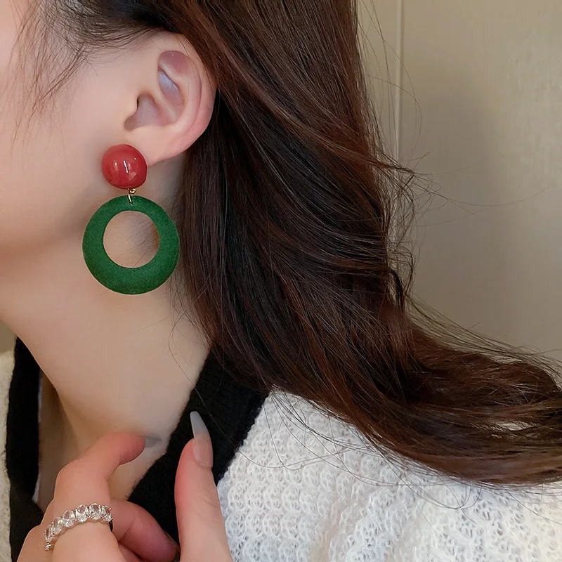 Christmas Red Green Drop Temperament Round Flocking  Hoop Earring For Women Girls New Year Festival Jewelry