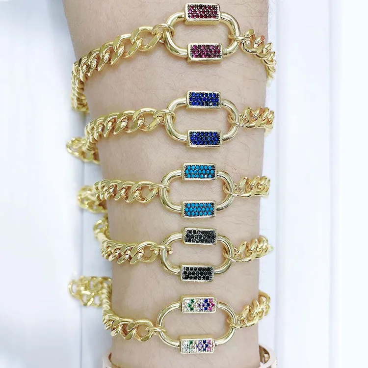 

BC1339 Fashion Gold plated Brass colourful CZ Micro Pave wrist Ladies chain bracelet charm women copper bracelet, Gold color