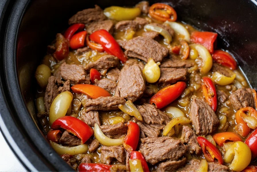 Crock pot filled with sliced beef, bell peppers, and onions in glossy brown sauce, close-up showing tender meat texture
