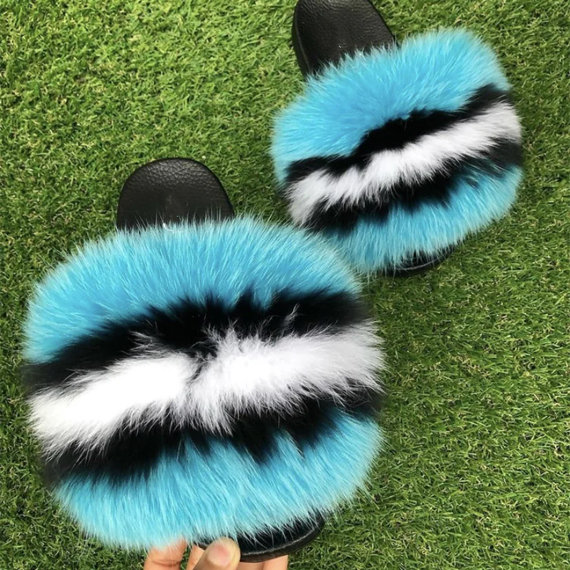 

Furry Flat Bottom Fashion Tie Dye Fur Slipper Home Warmth Womens Fur Slides Slippers Luxury Fur Slippers, Blue,purple,yellow