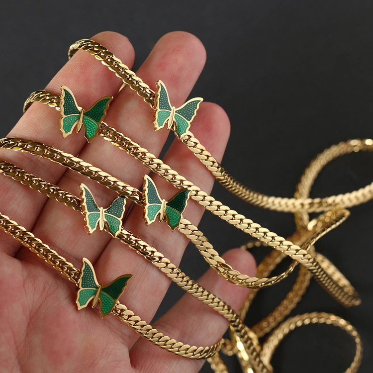 

Vintage green butterfly short choker stainless steel PVD gold miami cuban chain hip hop punk necklace girls party jewelry, Optional as picture,or customized