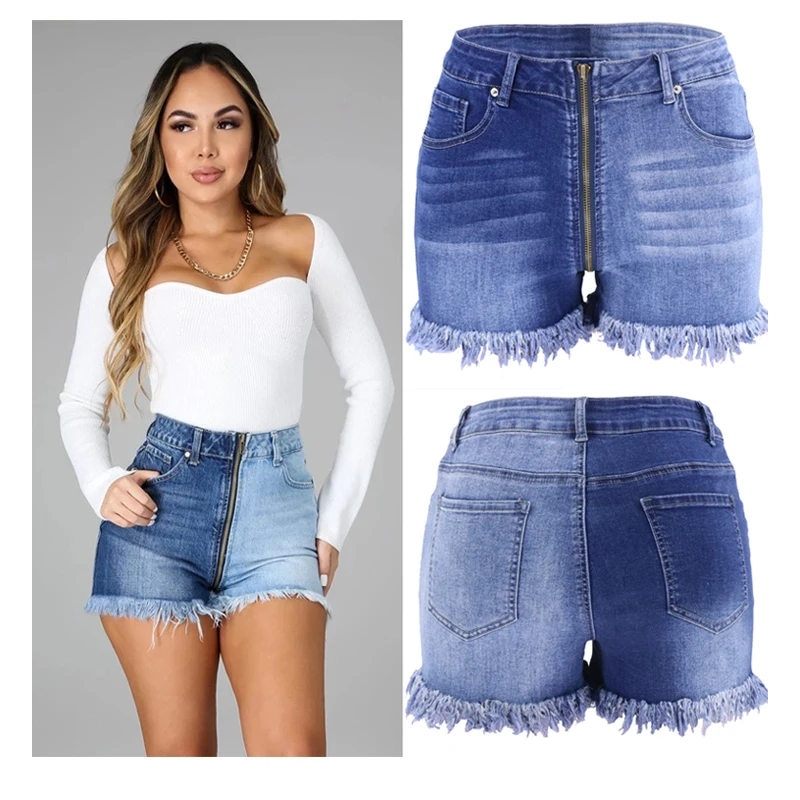 

2021 wish Amazon hot denim wholesale, stitching jeans, zipper high waist Western denim shorts for women, casual jeans, Blue