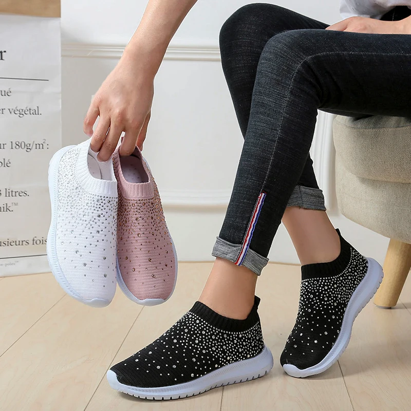 

Women's Ladies Ankle Shoes Flat Loafers Crystal Fashion Bling Sneakers Casual Ladies Slip On Breathable Casual Shoes #43