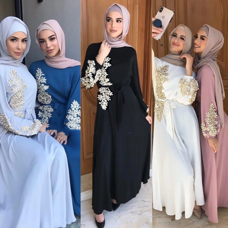 

2021 Hot Sale Islamic Clothing Heavy Industry Bead Flower Muslim Turkish Middle Eastern Women's Abaya Dress, 6 colors