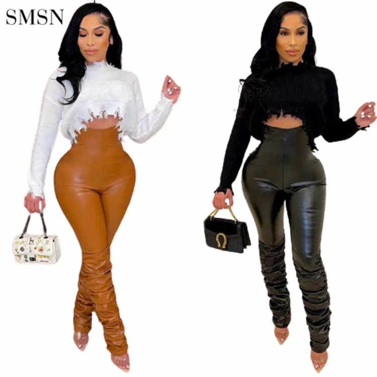

Newest Design Solid Color High Waist Draped 2022 Women Clothing Leather Pants Women's Pants & Trousers