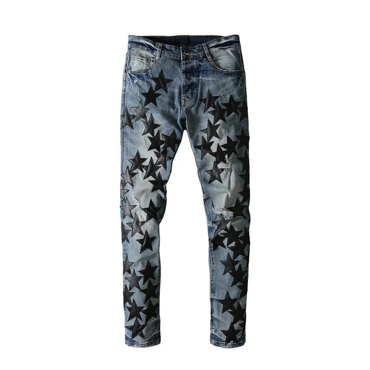 

2022 Hot Selling Leather Stars Patch Design Jeans Fashion Custom Jeans for Men