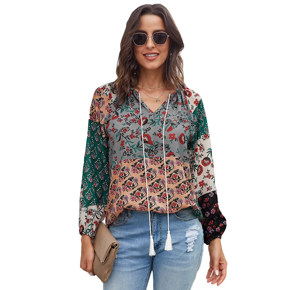 

Autumn Printed Chiffon Women European and American Women's Round Collar Long-sleeved Loose Vintage Jacket