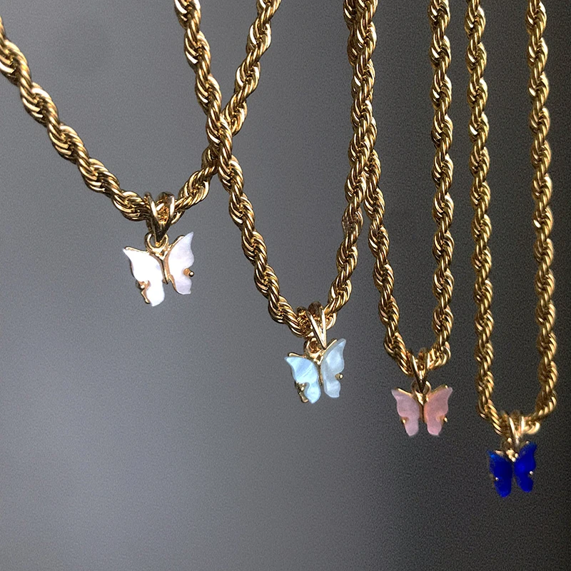 

6 Colors Faceted Cable Chain Butterfly Necklaces Twisted Acrylic Necklaces for Women Bohemia Necklace Summer Jewelry, Gold