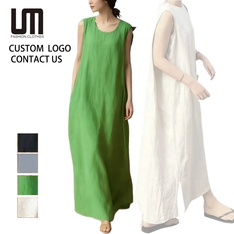Custom Your Brand Logo Wholesale Spring Summer Fashion Women Casual Linen Cotton Loose Long Dress