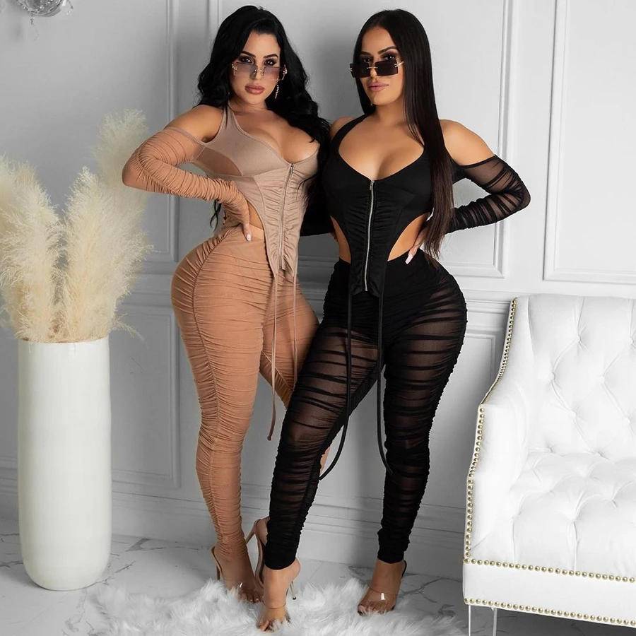 

K20S10793 sexy Low-cut irregular tops leggings stacked outfit 2021new arrive mesh 2piece sets women's