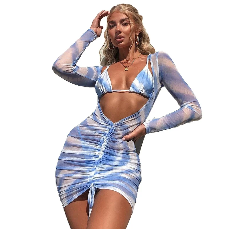 

new arrival 2021 sexy Women's dresses translucent tie dye mesh stacked 2-piece sets dresses women, Picture