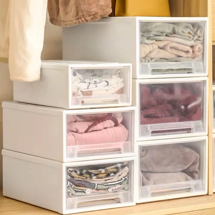 

New Design Clear Stackable Plastic PP Clothes Organizer Clothes Plastic Storage Drawers, White,gray