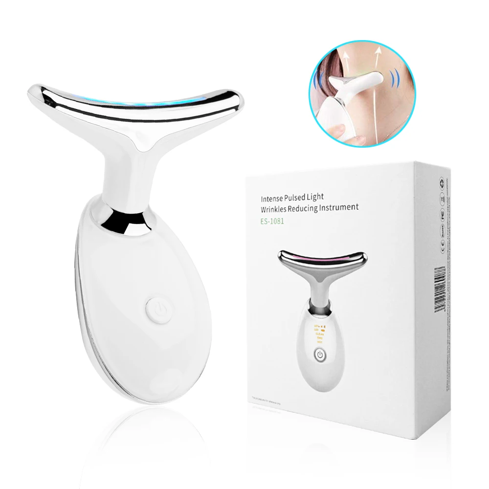 

Skin Rejuvenation Neck Beauty Device LED Light Therapy Vibration Face Neck Massager for Skin Lift and Tightening, White, black