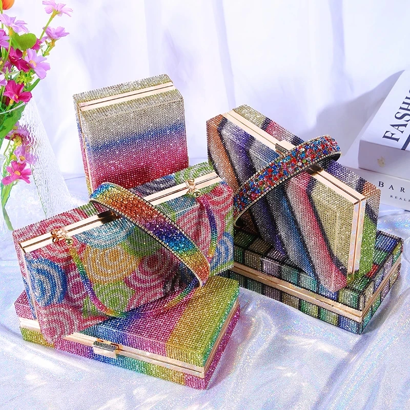 

2021 Luxury Designer Money Purses and Handbags Crystal Diamond Evening Clutch Bags for Wedding Party with Beaded Headband, 7 colors