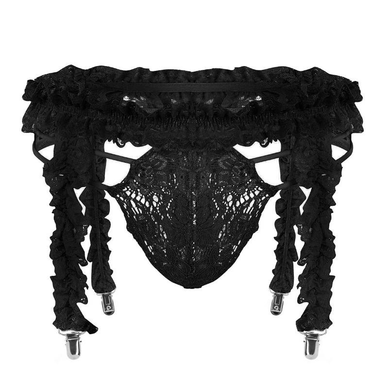 

Fashion Male Lingerie Set Ruffled Lace Frilly Underwear With Thong Satin Sissy Panties For Men