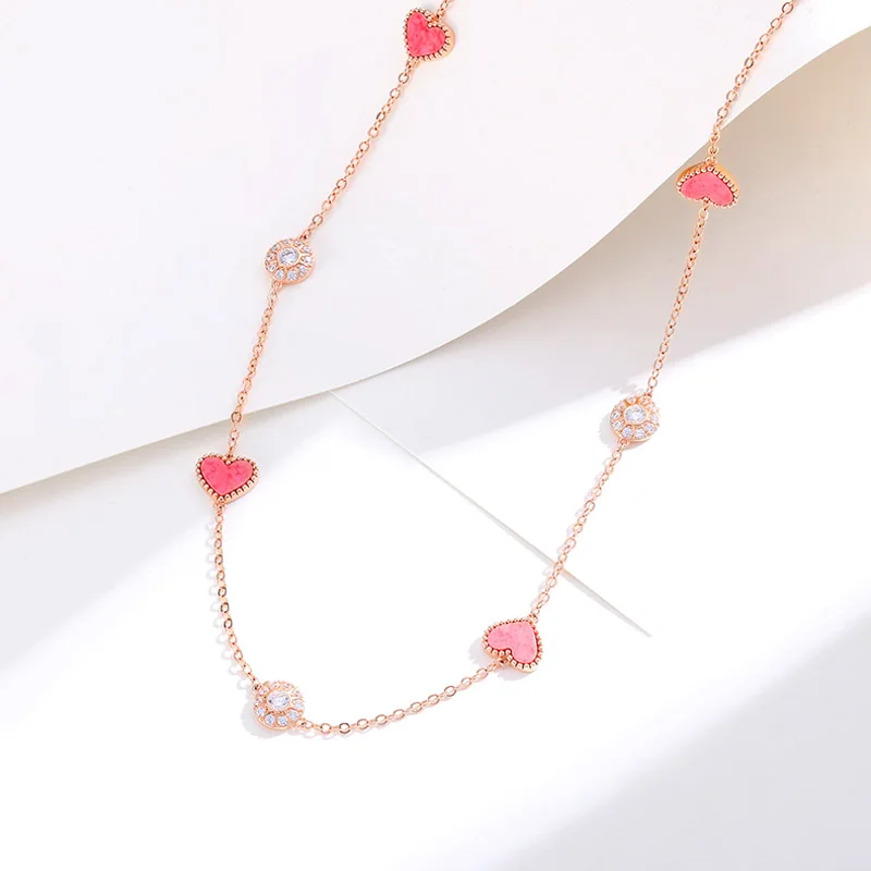 

Wholesale Fashion Jewelry Set Pink Quartz Heart Shaped Necklace Rose Gold Plated Brass Double Layer Wearing Sweet Girl Women