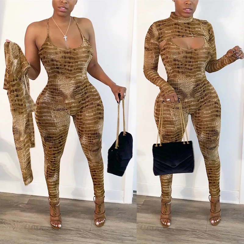 

2021 Trending Jumpsuit Women Khaki Brown Camo Two Piece Set Jumpsuits For Women Knitted Snake Print Halter Jumpsuit Women Club