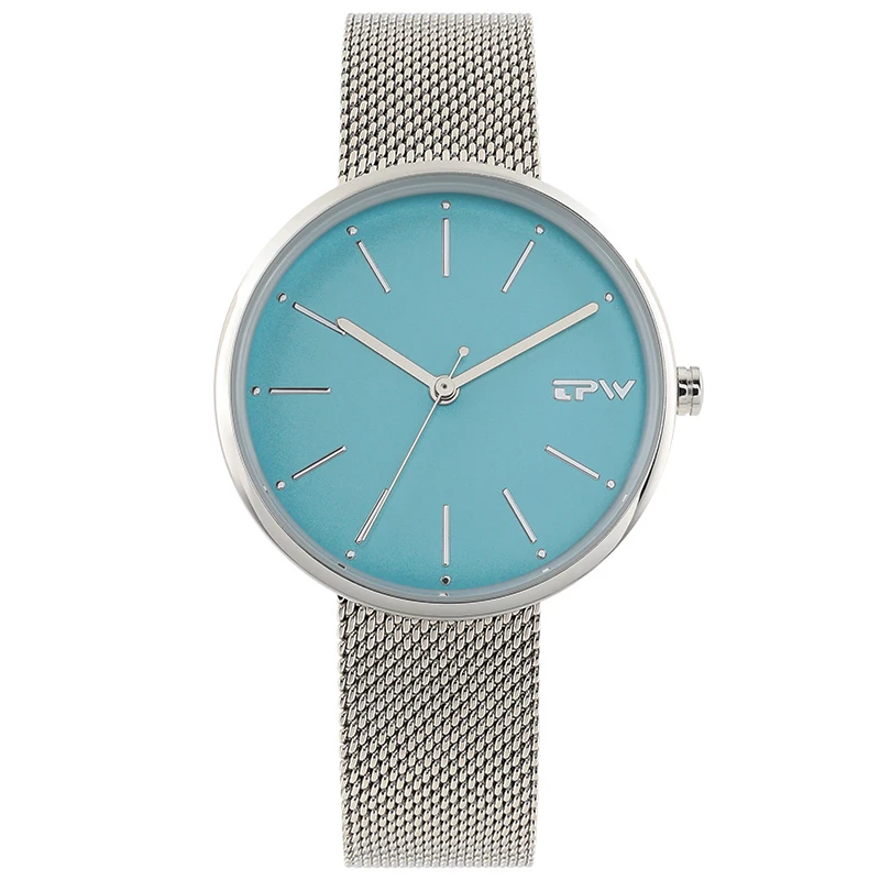 

Round blue sandblasted dial stainless steel 3atm water resistant lady watch leather