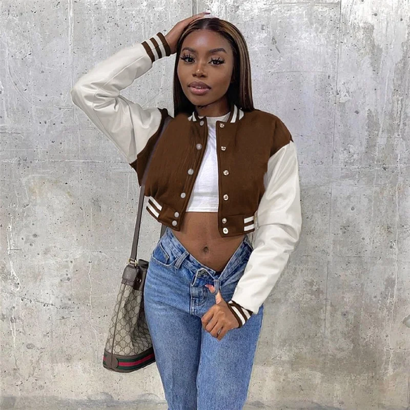 

Autumn Botton Striped Long Sleeve Crop Top Baseball winter coats and jackets women