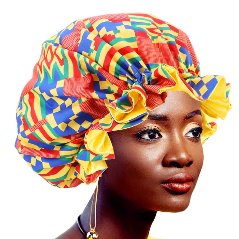 

Low MOQ double layer african pattern print bonnet big wave satin headscarf headwrap and satin hair wraps hats ankara cap