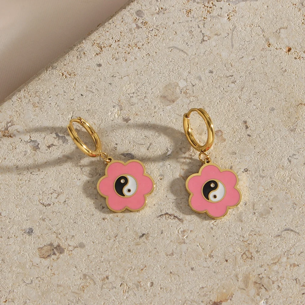 

INS Trendy Pink Enamel Stainless Steel 18K Gold Yin Yang Flower Drop Earrings For Women