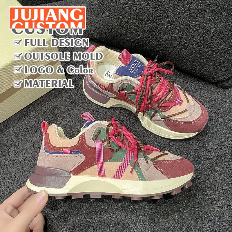 

Women Chunky Sneakers Fashion Casual Mixed Colors Leather Mesh Breathable Height Increased Wedge Platform Outdoor Running Shoes