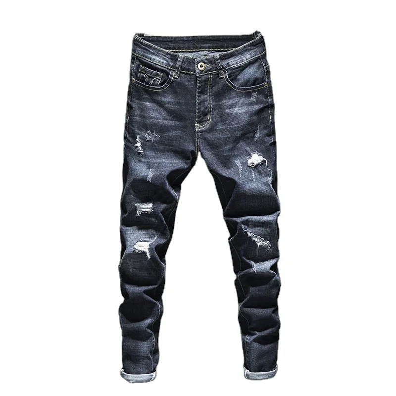 

Top Fashion Mens Jeans Brand Robin 2020 Hip Hop spring Autumn Ripped for Men Solid Cotton Full Length Mid Black Color Sale, Picture color