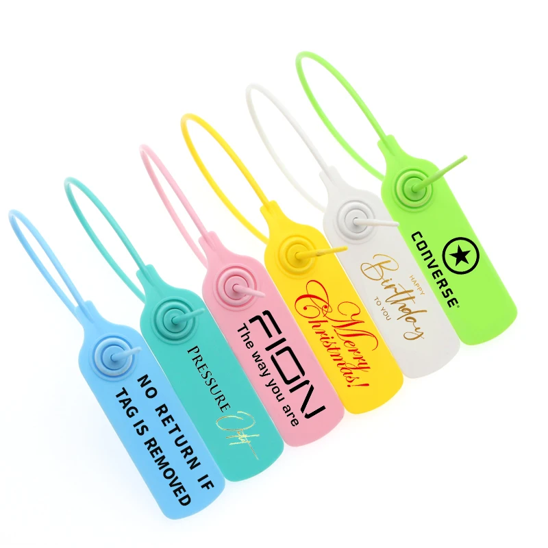

Plastic buckle authenticity zip tag labels garment hang custom logo hanging retail clothing tags, Custom color accepted