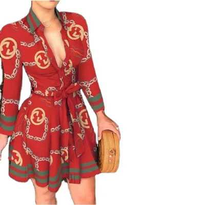 

Popular long-sleeved V-collar strap fashion sexy printed dress girl