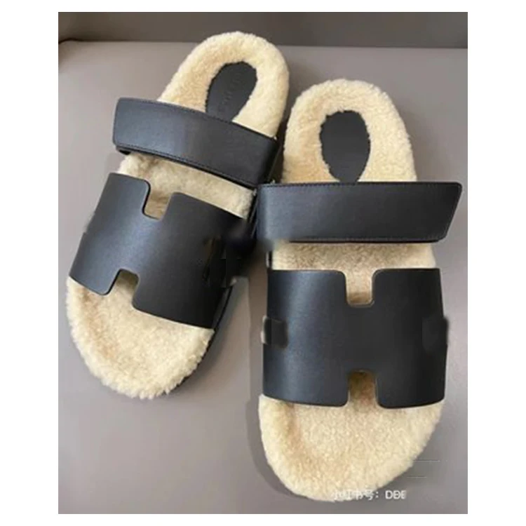 

HEMMS 1:1 Original famous brand furry slippers for women playhouse with slide women leather sandals