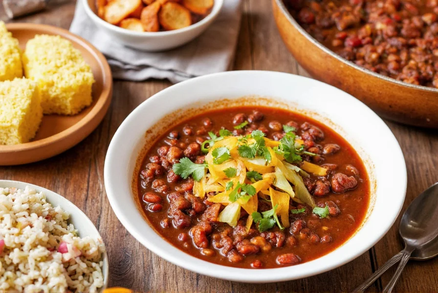 Assortment of side dishes for chili including cornbread, rice, and green salad arranged around a bowl of chili