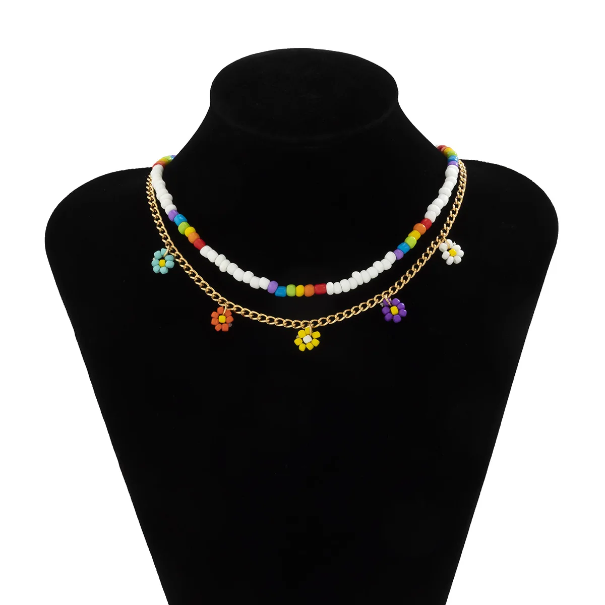 

Y2K Style Cute Summer Beach Jewelry 2 pieces Rainbow Colorful Flower Bead necklace For Teen Girls, Picture
