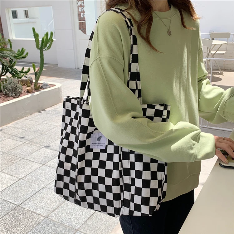 

YASEN White Black Plaid Cotton Shoulder Bag Customized Design Women Fashion Korea Style Reusable Organic Cotton Shopping Bags