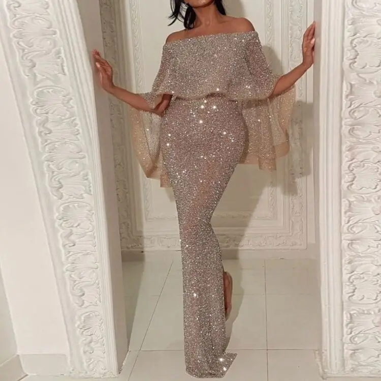 

Sequin Evening Gowns Off Shoulder Prom Dresses Shiny Mermaid Women Party Dresses Wear Gown With Cape S-2XL plus size womens dres