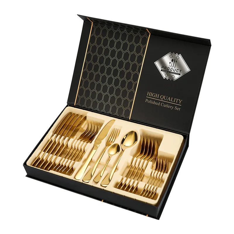 

High Quality Spoon Fork Knife Flatware Set Stainless Steel 24pcs Cutlery Set with Luxury Wedding Gift Box