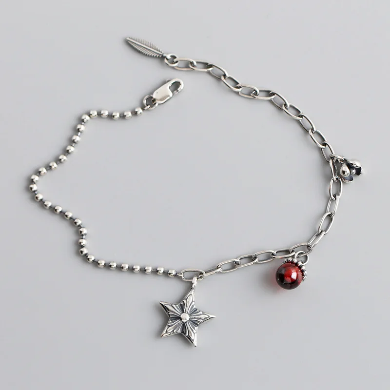 

Classic Red Glass Bead Vintage Bracelet Star Charm Bracelets Women 925 Sterling Silver Bracelet