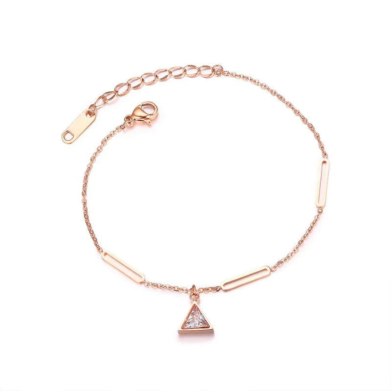 

Women Simple Design Rose Gold Stainless Steel Thin Chain Bracelet Cubic Zirconia Triangle Charm Bracelet