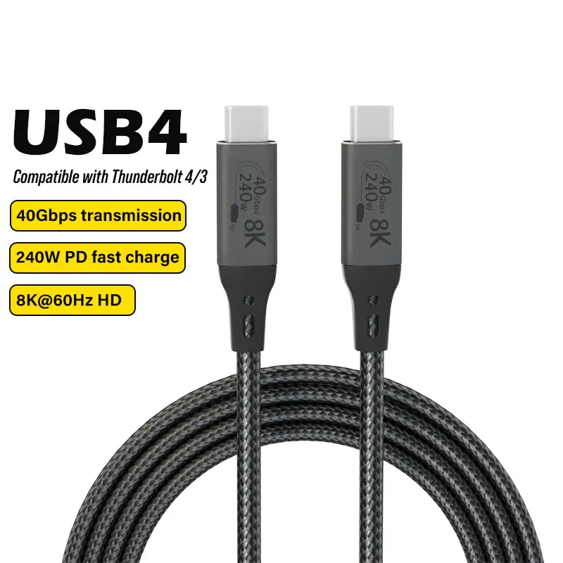 

USB4 Full Function Fast Charging Data Cable 48V 5A PD3.1 QC5.0 PD 240W 40Gbps 8K 60Hz HD 1.5m Type C to Type C Cable in Stock